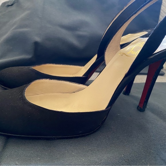 Christian Louboutin Black Satin Round Toe Slingback  Heels - Picture 1 of 9